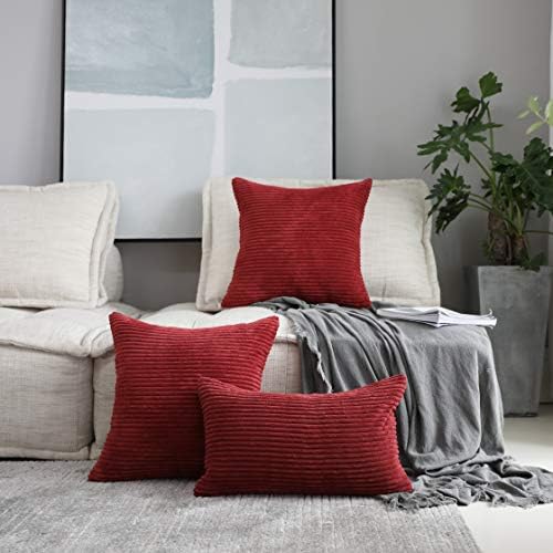 Home Brilliant Set of 2 Decorative Pillow Covers Red Striped Corduroy Velvet - Image 3