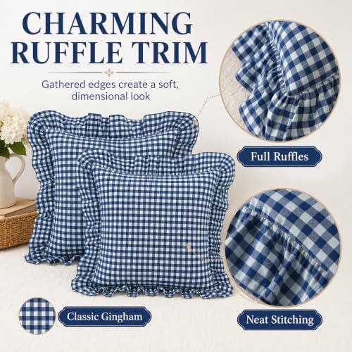 Gingham Throw Pillow Covers 18x18, Ruffle Trim - Image 4
