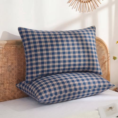 Merryword 100% Cotton Pillow Cases, Queen Size, Washed Cotton Deep Blue Plaid - Image 2