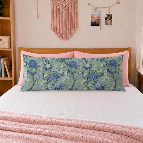 Blue and Green Chinoiserie Hydrangea Floral Bird 20x54 Body Pillow Cover - Image 2