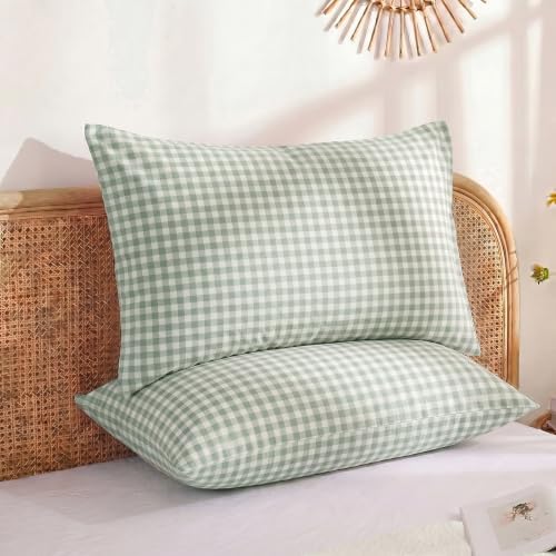 Merryword 100% Cotton Pillow Cases, Queen Size, Sage Gingham Pillowcases - Image 2