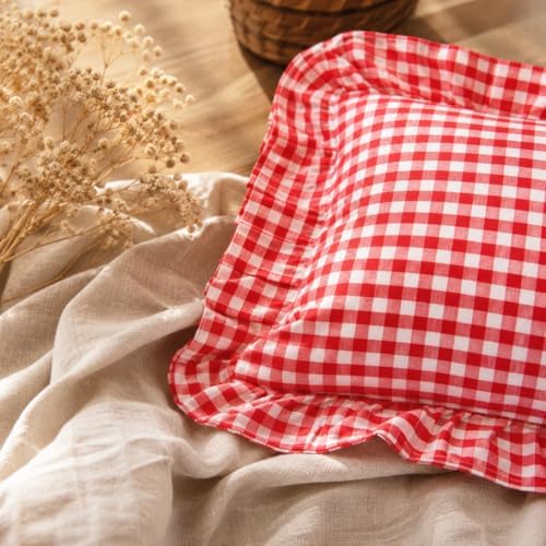 JoraLion Ruffled Throw Pillow Cover 12x20 Gingham Red - Image 5