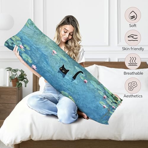 Black Cat Art Painting 20x54 Body Pillow Cover, Aesthetic Black Cat Decor Long - Image 3