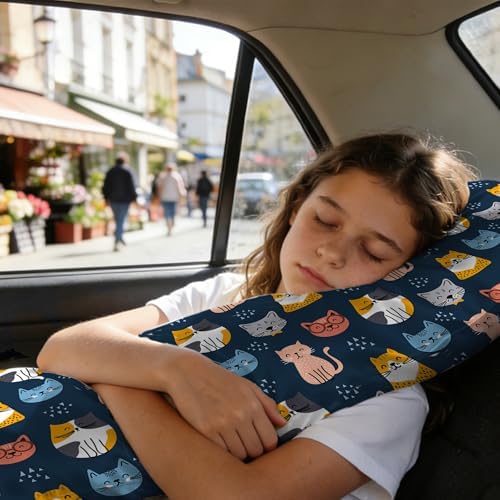 Body Pillow Cover with Zipper, Cute Colorful Cats on A Navy Blue Imitation Silk - Image 6