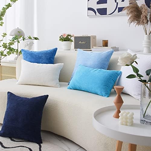 Home Brilliant Blue Pillow Covers Striped Corduroy Euro Sham 24 inch Throw - Image 6