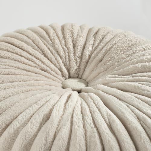 HIG Set of 2 Beige Flannel Decorative Round Pleated Throw Pillows - Image 2