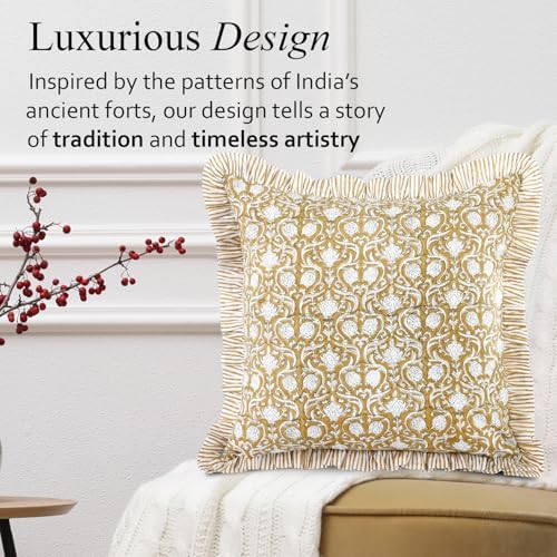 CPC Block Print Ruffle Throw Pillow Cover Mustard Regal 18"x18" - Image 4