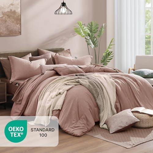 Monbix Full Comforter Set 7 Pieces Dusty Pink Cationic Dyeing Bed in a Bag - Image 2
