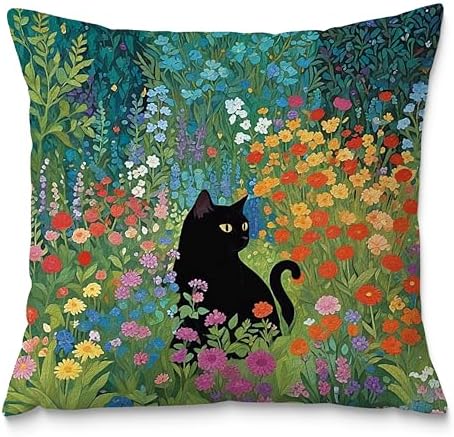 Floral Black Cat Pillow Covers 18x18, Cats Lovers Lady Gifts, Cat Mom Grandma by Fuasei