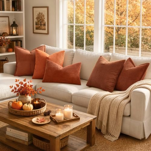 MIULEE Fall Decorative Corduroy Throw Pillow Covers Set of 2 18x18 Rust - Image 4