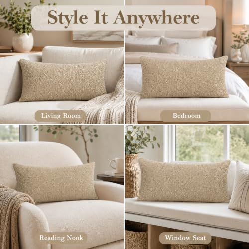 JoraLion 14x24 inch Boucle Lumbar Pillow Cover, Camel Woven Texture Neutral - Image 3