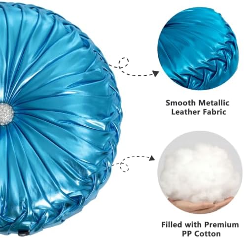 HIG Set of 2 Blue Metallic Leather Decorative Round Pleated Throw Pillows - Image 3