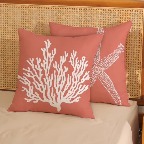 Orange Starfish Pillow Covers 18x18 Inch Set of 2, Nautical Ocean Coastal Coral - Image 2