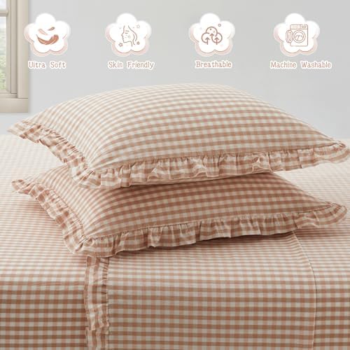 KKJIAF 2 Pcs Plaid Ruffle Pillow Case King Size, Light Pink Plaid - Image 5
