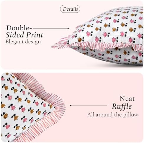 CPC Block Print Rosette Bloom Ruffle Cotton Lumbar Pillow Cover 12x20 inch - Image 2