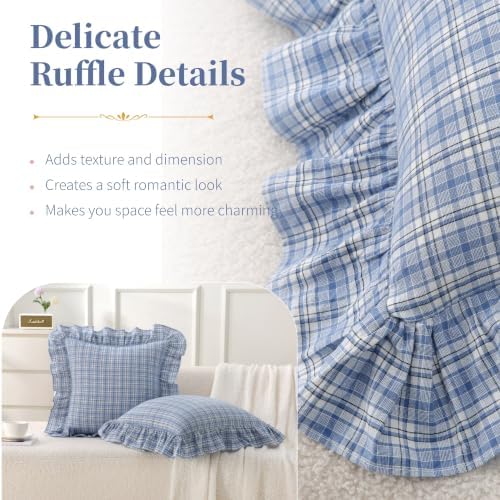Gingham Throw Pillow Covers 20x20, Denim Blue Plaid, Ruffle Trim - Image 5