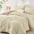 HYMOKEGE Oatmeal Queen Comforter Set Seersucker 7 Pieces, All Season Luxury Bed by HYMOKEGE