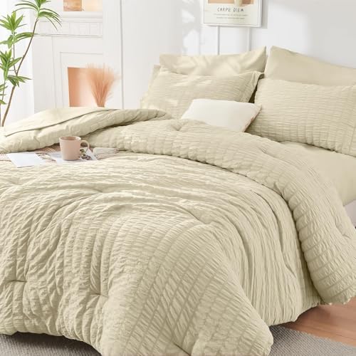 HYMOKEGE Oatmeal King Size Comforter Set Seersucker 7 Pieces, All Season Luxury by HYMOKEGE