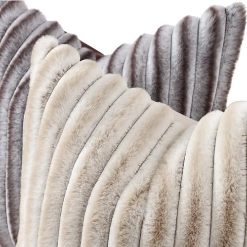 decorUhome Fall Faux Fur Throw Pillow Covers 16x16 Set of 2 Brown White - Image 2
