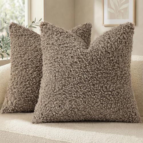 decorUhome Sherpa Decorative Throw Pillow Covers 22x22 Set of 2 Khaki by decorUhome