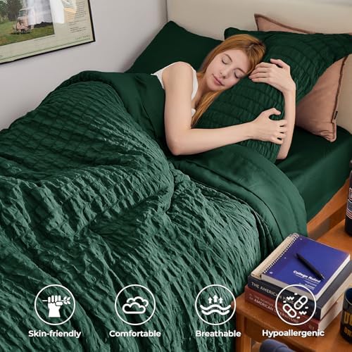 HYMOKEGE Emerald Green Twin XL Comforter Set Seersucker 5 Pieces, All Season - Image 2