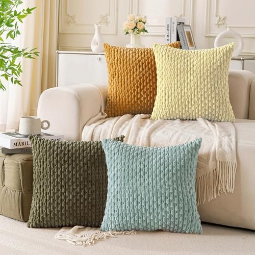 Set of 4 Pale Yellow Decorative Throw Pillow Covers 20x20 Inch Corduroy Pillow - Image 3