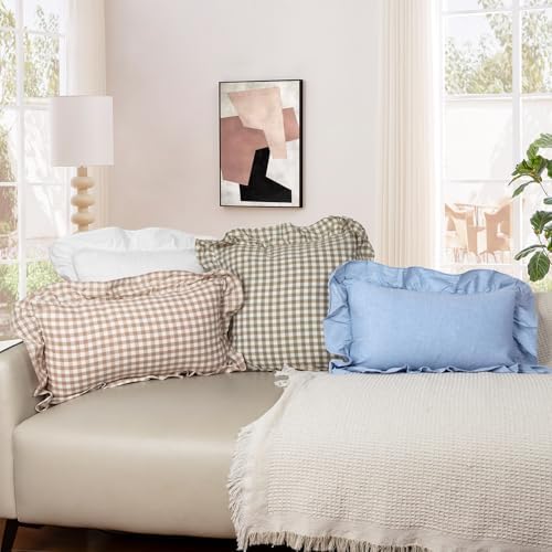JoraLion Ruffled Lumbar Pillow Cover 14x36 Gingham Green - Image 2