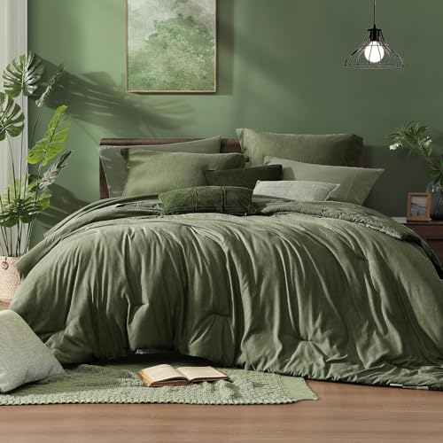 Monbix California King Comforter Set Olive Green 7 Pieces Bed in a Bag by Monbix