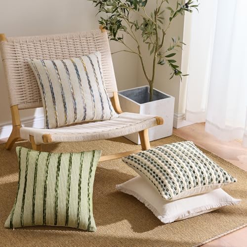 ANRODUO Boho Decorative Throw Pillow Covers Cream Olive 18x18 Inch Set of 2 - Image 3