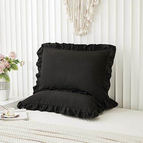 Black Pillow Shams Black Ruffle Queen Pillowcases Cute Pillow Cover Set of 2 - Image 3