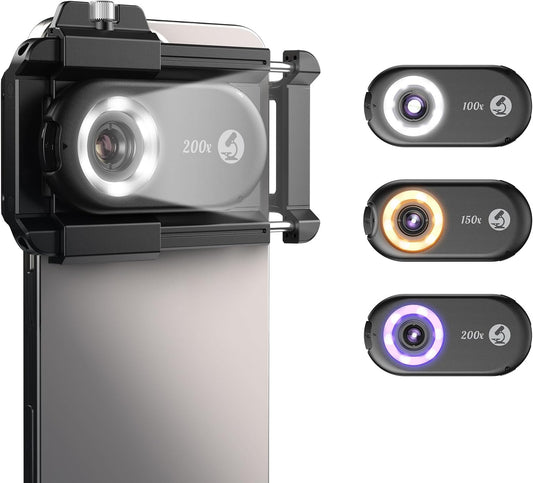 100X/150X/200X Nano Zoom Phone Micro Lens for iPhone/Android | 3-in-1 Phone Microscope Lens Kit with LED UV Light/CPL/Universal Clip, Mini Pocket Digital Microscope, Portable Smartphone Camera