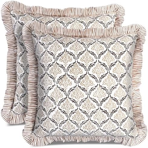 CPC Sandstone Regal Hand Block Print 100% Cotton Ruffle Throw Pillow Cover by COTTONPRINTCLUB