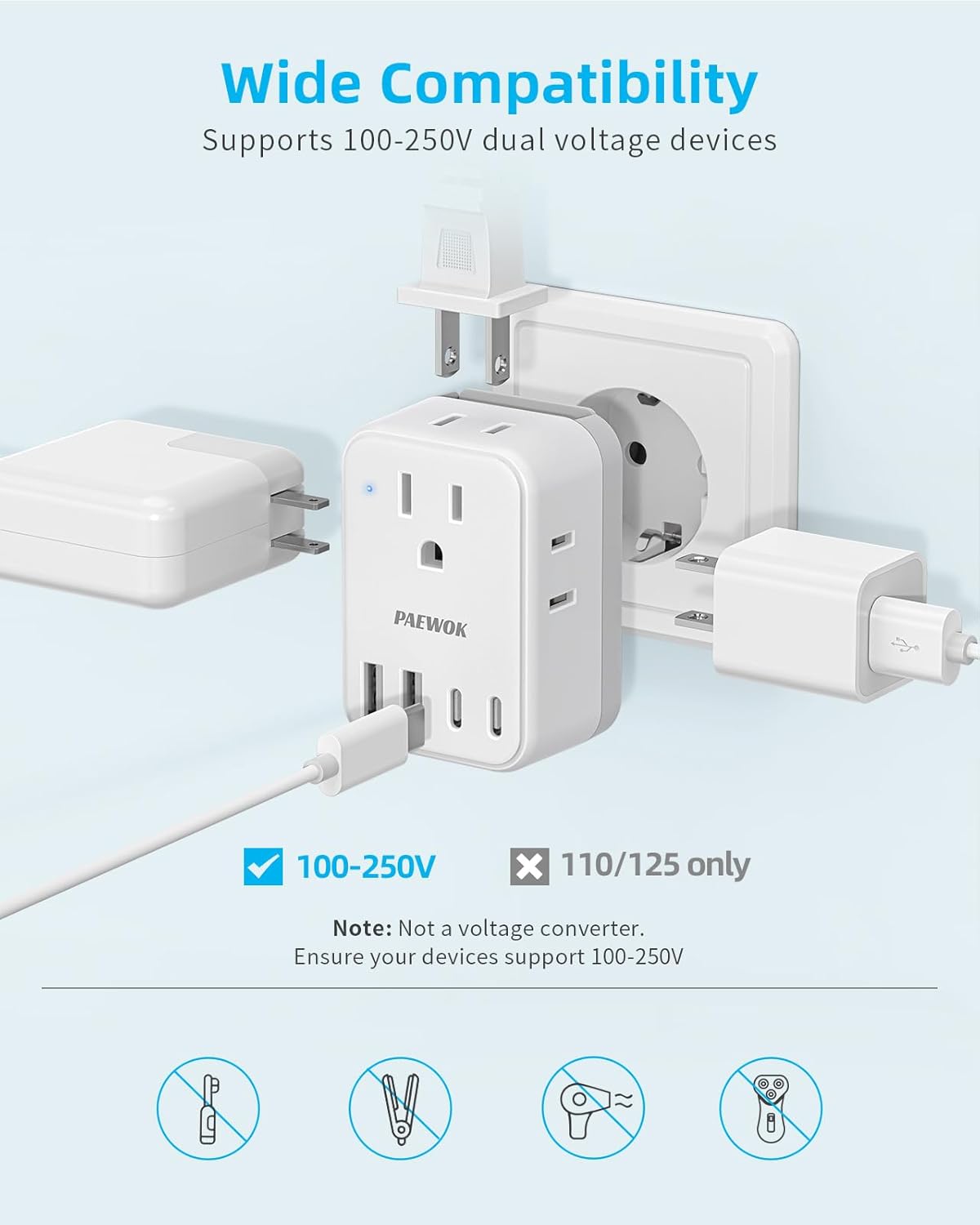 International Power Adapter Set, US to Worldwide Universal Travel Adapter- 4 AC Outlets 4 USB Ports (2 USB C), Type C/G/A/I/D/M Detachable Charger Plug for EU/UK/AUS/Japan/South Africa