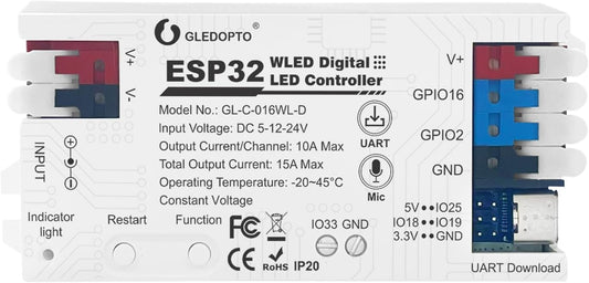 ESP32 WLED LED Strip Light Controller 15A Fuse Music Mic DIY Dynamic Lighting UART USB-C Download Energy Save Relay App Control RGB IC Addressable Digital WS2811 WS2812 SK6812 TM1814 WS2813 WS2815 etc
