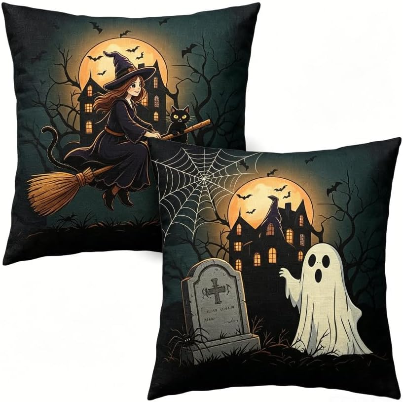 Halloween Throw Pillow Covers, 18x18 Inch, Ghost Pumpkin Haunted House Design by Unknown