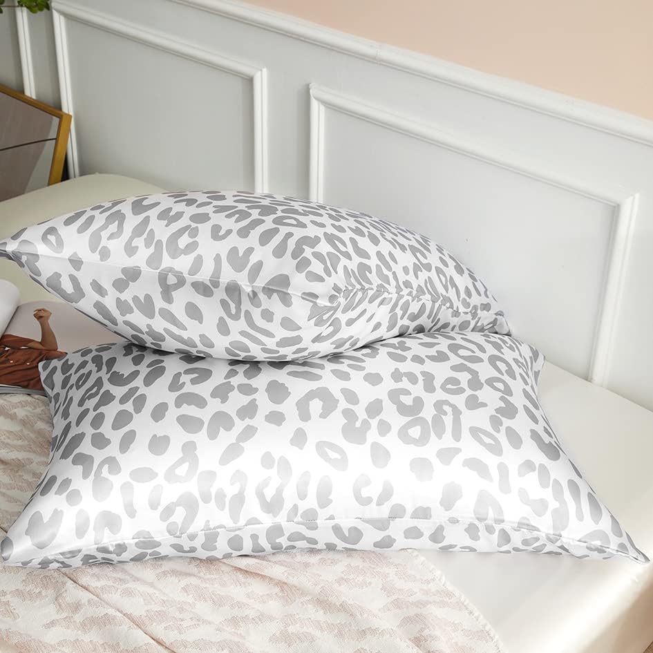 Grey Leopard Printed Pillow Case, King Cheetah Satin Pillowcase 2 Pack - Image 4