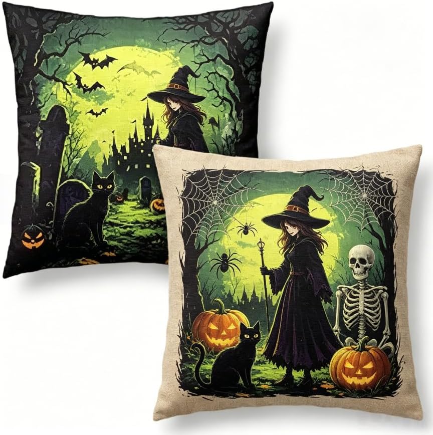 Halloween Throw Pillow Covers, Witch and Skeleton Design, 18x18 Inch, Machine by Unknown
