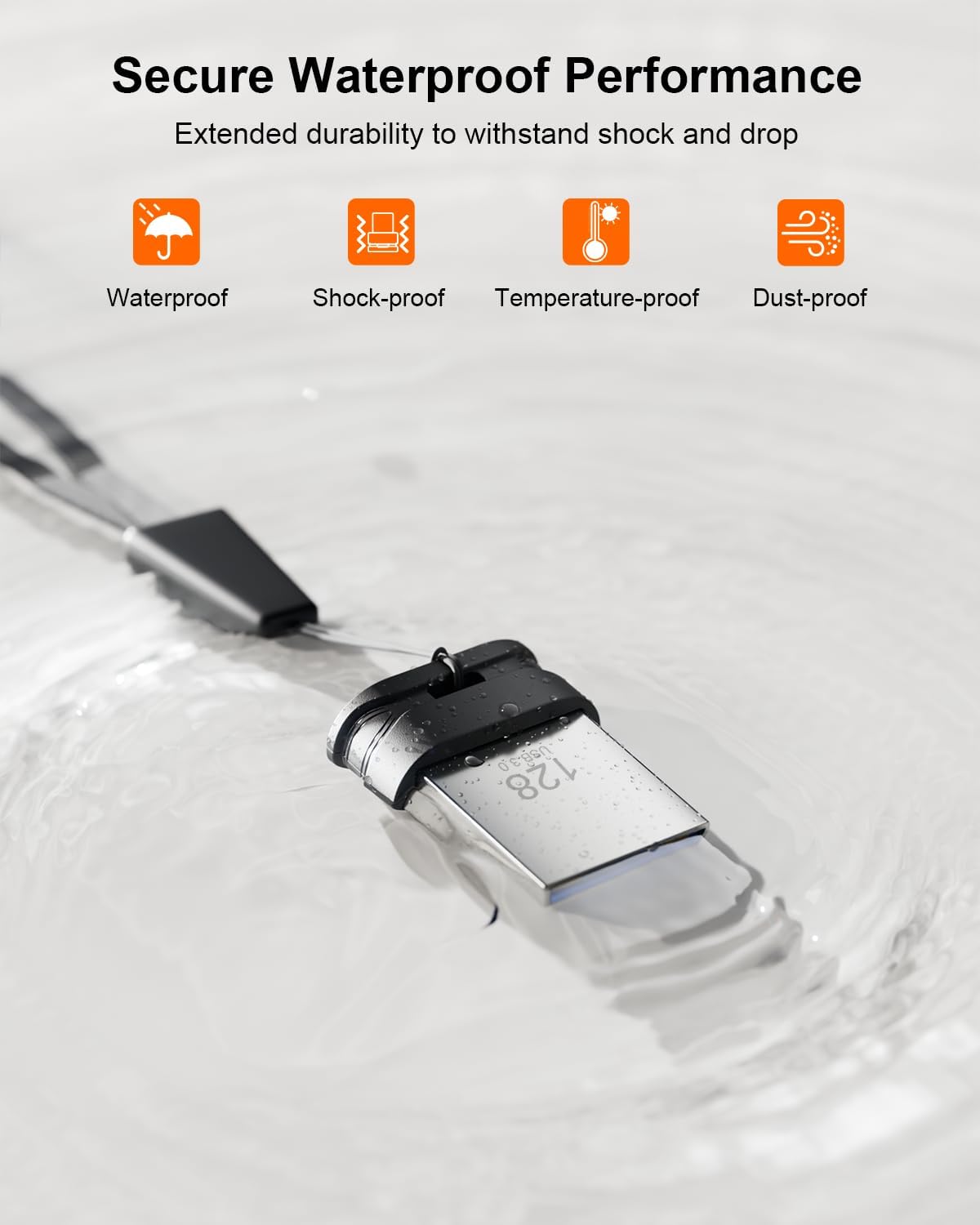 128GB USB 3.0 Flash Drive, Mini Thumb Drive Waterproof Memory Stick with Lanyard Hole Plug and Play Portable USB Stick Storage for Computer Laptop Smart TV, Black