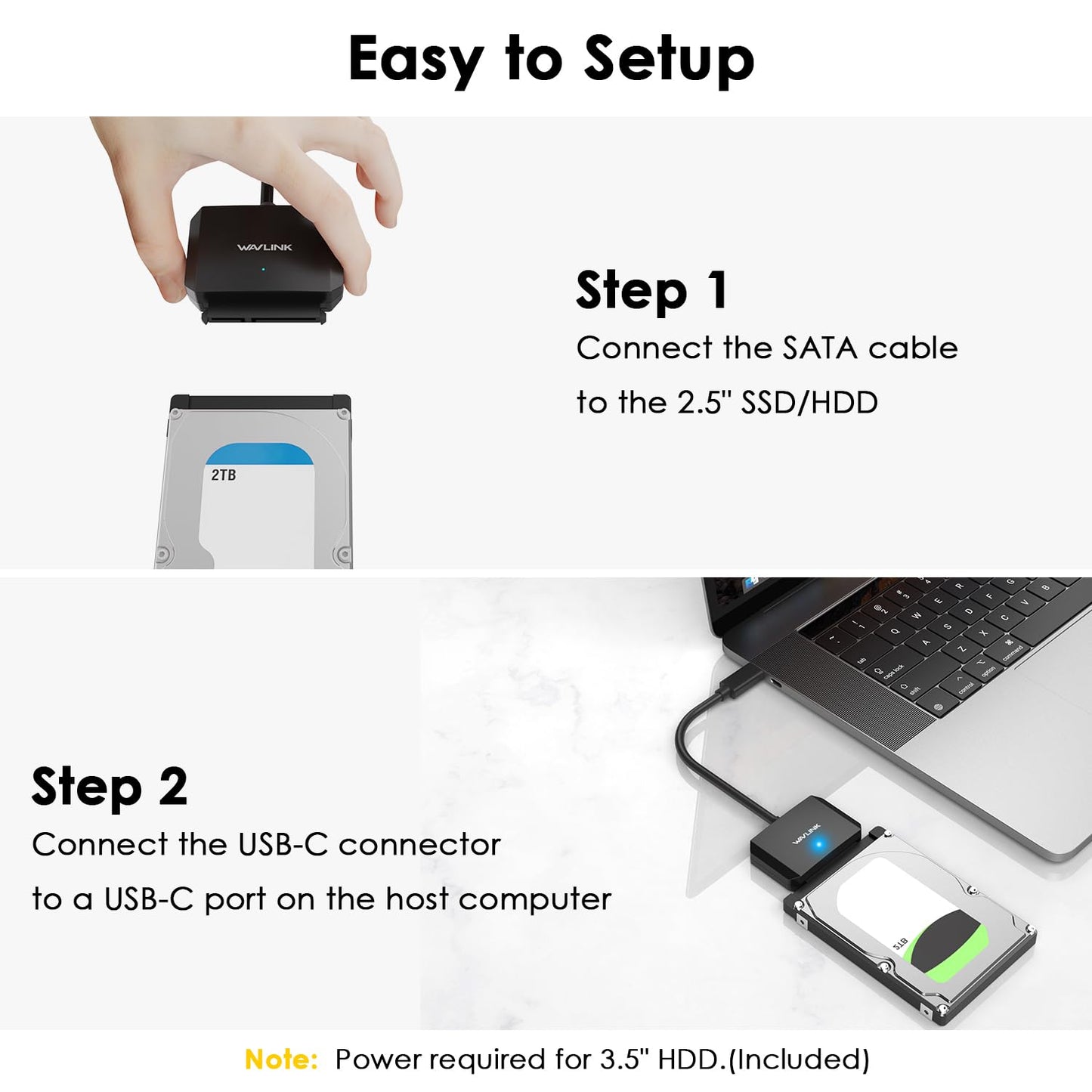 WAVLINK SATA to USB Type-C Hard Drive Cable, 5Gbps USB C to Sata Cable Support UASP, External Hard Drive SATA I/II/III Connector 2.5" SSD/HDD and 3.5" HDD up to 20TB, Power Adapter Included
