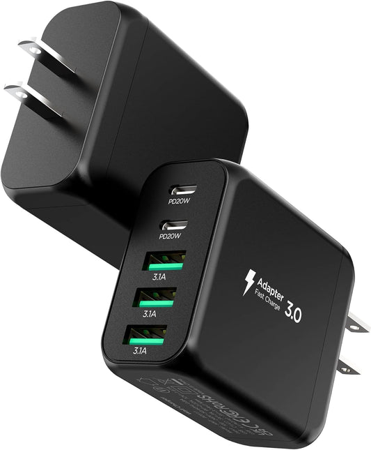 USB C Charger Block, [2-Pack] Type C Charger Fast Charging,50W 5-Port USB Wall Charger Multiport Type C Charging Block Cube for iPhone 16 15 14 13 12 11 Pro Max XS, iPad, Samsung & More-Black