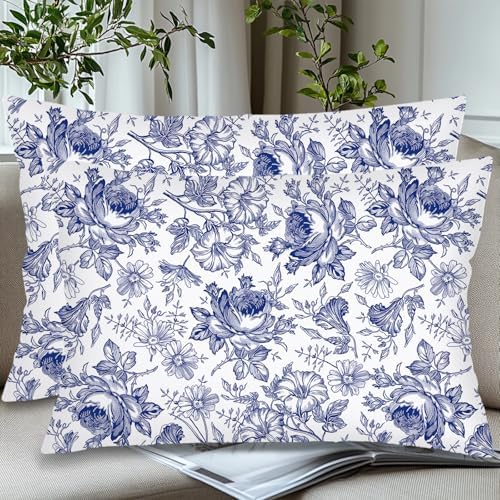 Blue and White Porcelain Floral Throw Pillow Cases Queen Size Set of 2 - Image 3