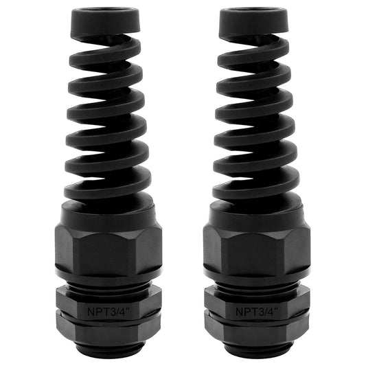 Strain Relief Cord Connector,LISTENJIALE 2Pcs NPT 3/4" Waterproof Cable Gland Flex Spiral Strain Relief Adjustable 12.5-18mm Cable Connector Nylon Joint with Gaskets(Black)