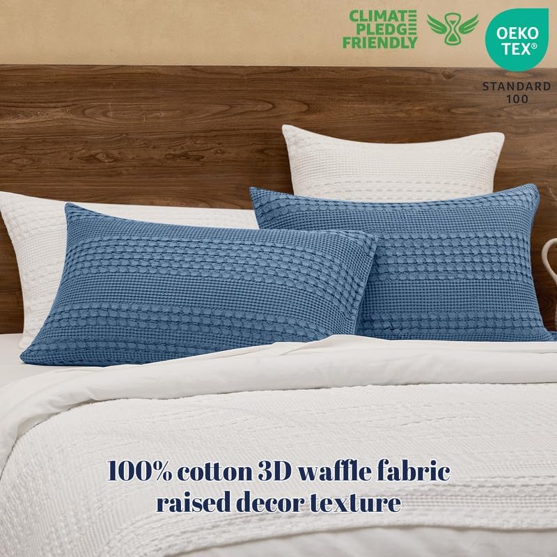 PHF Cotton Waffle Pillow Shams Queen Size 20" x 30", Denim Blue, No Insert - Image 3