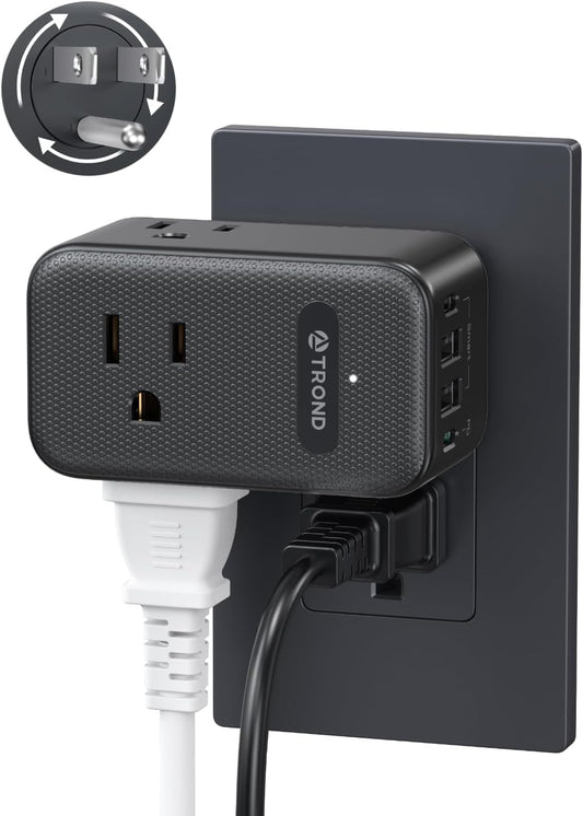 TROND Multi Plug Outlet Extender, 3 AC Outlet Adapter with 360 Rotating Plug, Black Power Splitter with PD 20W USB C Charger, A Compact Solution to Home Dorm Room Travel Cruise Essentials