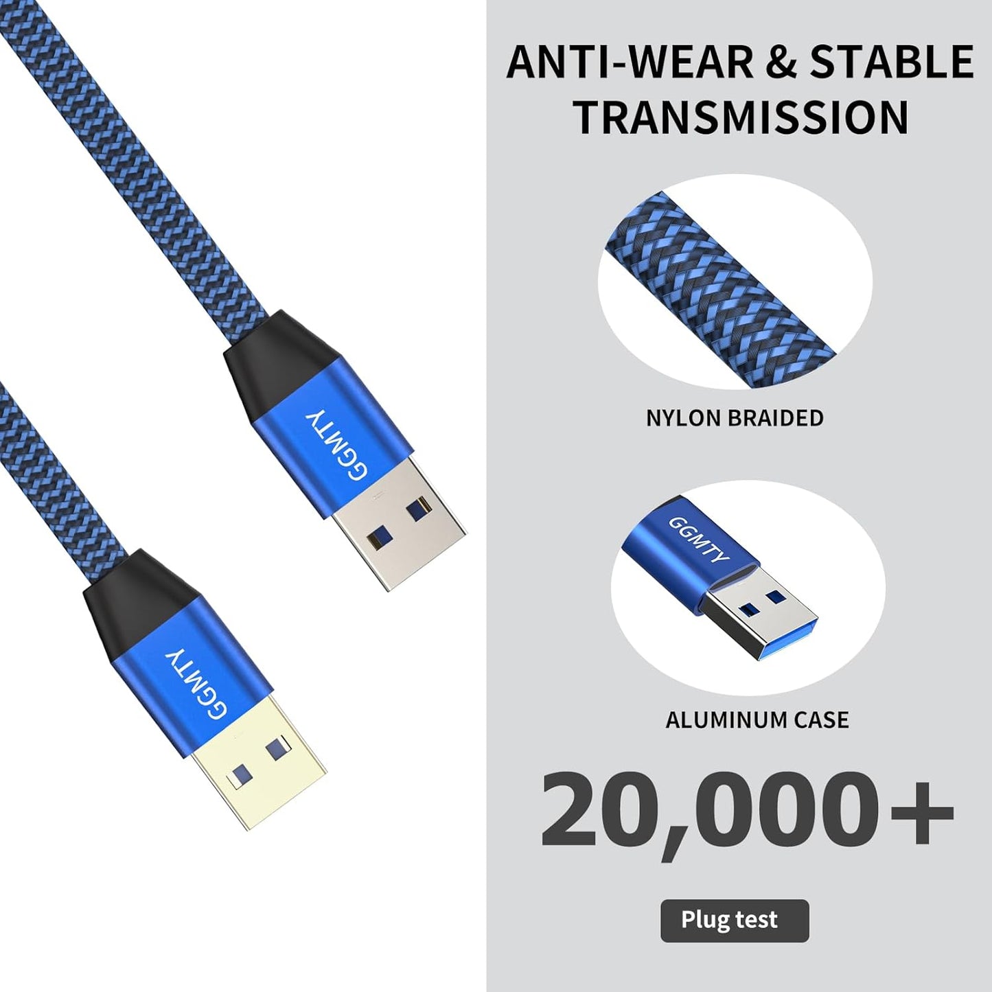 USB to USB Cable 20FT,Durable Braidedfor USB 3.0 Male to Male Type A to Type A Cable Data Transfer Compatible with Hard Drive, Laptop, DVD Player, TV, USB 3.0 Hub, Monitor, Camera, Set Up Box and More