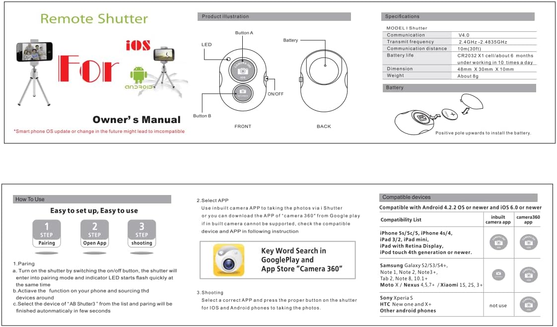 Phone Tripod Mount Adapter with Camera Remote Controller, Cell Phone Holder Clip with Adjustable Clamp Compatible with iPhone, Samsung, HTC, Huawei etc., Include Wrist Strap