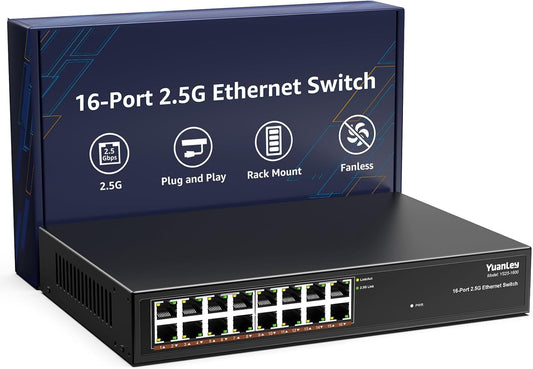 YuanLey 16 Port 2.5GB Umanaged Ethernet Switch, 16 x 2.5G Base-T Ports, Compatible with 100/1000/2500Mbps, Metal Fanless, Desktop/Rack Mount YuanLey 2.5 Gigabit Network Switch for Wireless AP, PC