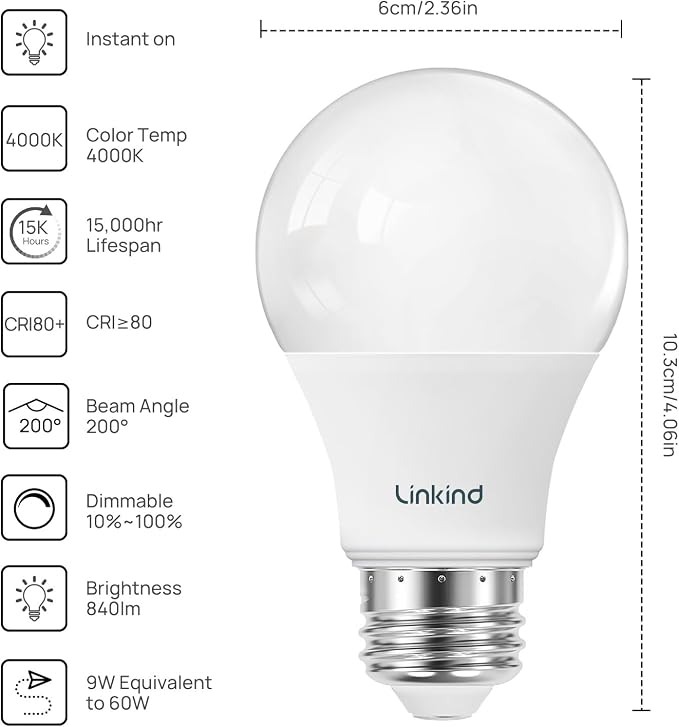 Linkind A19 LED Light Bulbs, 60W Equivalent Dimmable Light Bulbs, 4000K Cool - Image 2