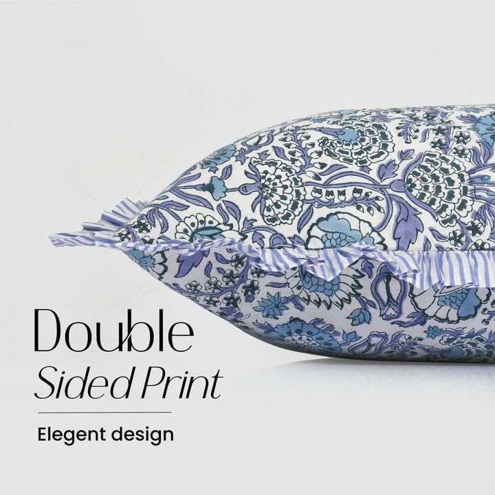 CPC Block Print Indigo Blue Ruffle Cotton Lumbar Pillow Cover 12x20 inch - Image 2