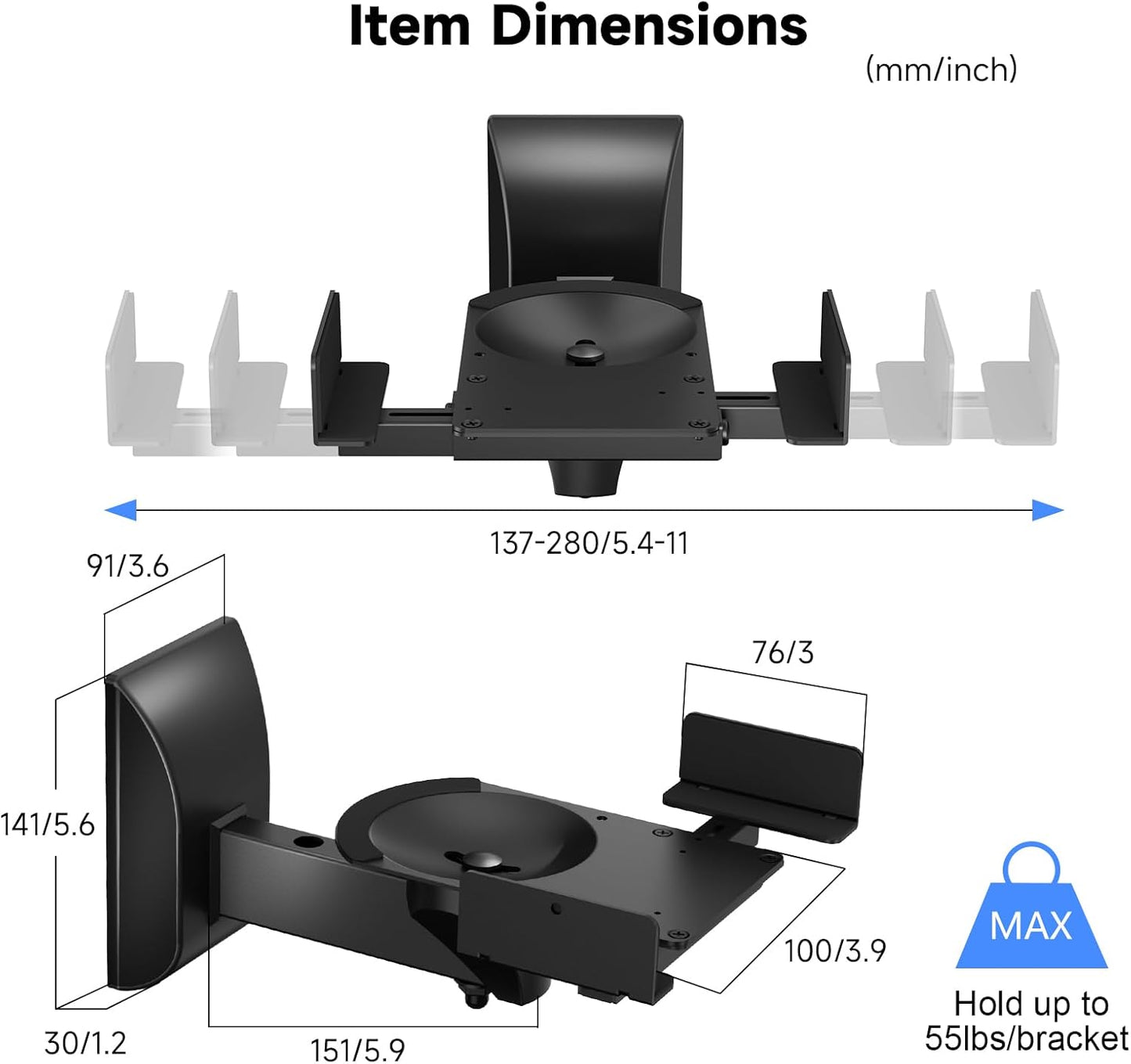 Suptek Speaker Wall Mounts - Dual Speaker Stands for Surround Sound, Universal Bracket, Tilt Swivel Shelves Up to 55lbs (Black, 2 Pack)